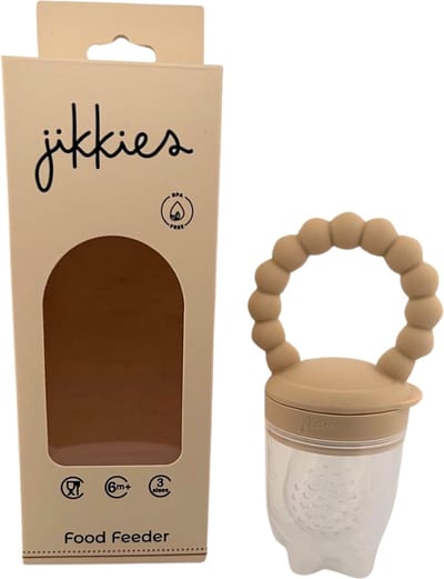 Jikkies ® - Baby Fruitspeen - Bijtring + 3 Maten Spenen S, M + L - Beige - Fruitzuiger - Fruit Fopspeen - Kinderbestek - Fruitspeen Baby - Siliconen Spenen - Babyspeen voor groenten en fruit – BPA vrij - Kraam Cadeau
