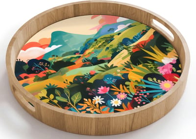 Dienblad rond 40x40 cm - Schootdienblad hout - Zonlicht - Heuvels - Wolkenlucht - Borrelplank rechthoek - Plateau houten dienbladen