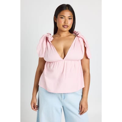 boohoo Dames Plus Smock Top Met Strikbandjes Op De Schouders | Baby Roze | Maat: 44