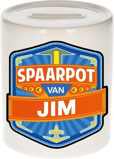 Bellatio Decorations Kinder spaarpot met naam - Jim - keramiek - met dop - wit - Sparen - Spaargeld van Jim