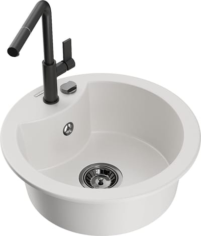 Mexen Diego granieten gootsteen 1-kamer met keukenmengkraan Flora, wit - 6512-20-670401-70-B
