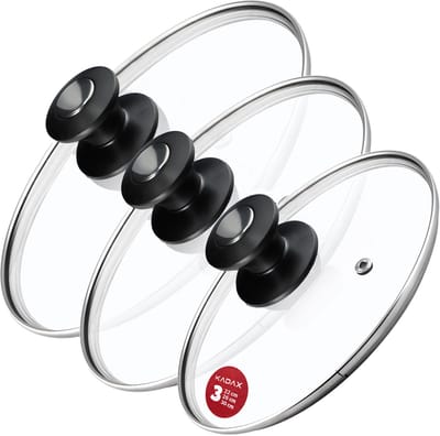 KADAX Pandekselset, universeel deksel van glas met handvat, hittebestendige dekselset in verschillende maten, pannendekselset, glazen deksel voor pot, pan (22 + 26 + 30 cm, zwart en zilver handvat)