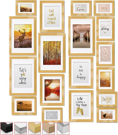 Set van 18 Fotolijsten Houten Picture Frames - 6x 10,5x15cm / 4x 13x18cm / 4x 18x24cm / 4x 20x30cm – kunststof glas Fotolijst van Hout - Metalen Ophanging - Standaard & Passepartout - Goud