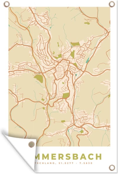 Muurdecoratie Kaart - Gummersbach - Stadskaart - Plattegrond - Vintage - 120x180 cm - Tuinposter - Tuindoek