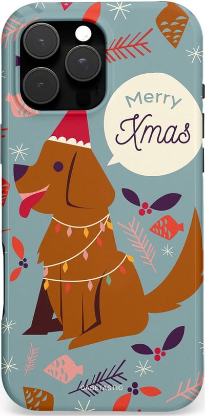 Casetastic hoesje geschikt voor Apple iPhone 16 Pro Max - MagSafe - Dubbellaagse bescherming - Merry Christmas Hond - Fashion Case - Zilver Bruin Saliegroen Rood