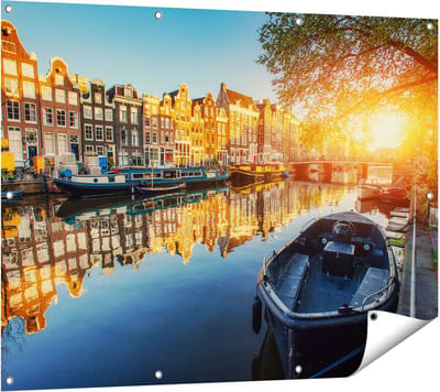 Gards Tuinposter Amsterdamse Gracht bij Zonsondergang - 120x90 cm - Tuindoek - Tuindecoratie - Wanddecoratie buiten - Tuinschilderij