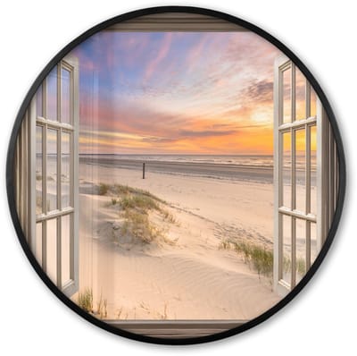Poster in lijst Rond - Fotolijst 60x60 cm - Posters - Doorkijk - Strand - Duinen - Natuur - Landschap - Ronde posterlijst zwart - Decoratie - Wanddecoratie woonkamer - Muurdecoratie slaapkamer
