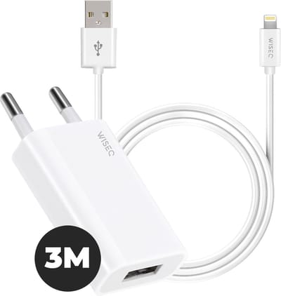 NIEUW MODEL USB snellader geschikt voor Apple iPhone 14 / 13 / 12 / 11 / X en iPad - inclusief USB naar Lightning laadkabel 3 m - wit - WiseQ