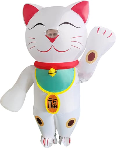 KIMU® Opblaas Kostuum Gelukskat Wit Maneki Neko - Dames Heren Opblaasbaar Pak - Kattenpak Mascotte Opblaaspak - Opblaasbare Japanse Witte Kat Lucky Cat Festival