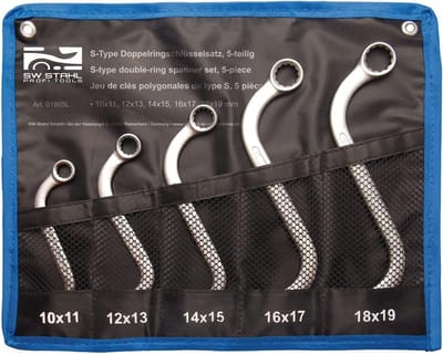 SW-Stahl 01905L S-Type dubbele ringsleutelset 10-19 mm 5-delig I S-vorm I 12-kant I Speciaal voor lastige plaatsen I Ringsleutelset I Sleutelset I Ringsleutel