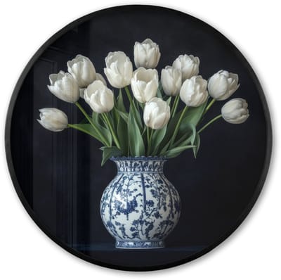 Poster in lijst Rond - Fotolijst 60x60 cm - Posters - Wit - Bloemen - Tulpen - Vaas - Ronde posterlijst zwart - Decoratie - Wanddecoratie woonkamer - Muurdecoratie slaapkamer