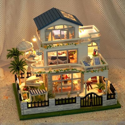 Poppenhuis Bouwpakket - Miniatuur Villa - Creatief Hobby - Houten Materiaal - 12.8 x 9.4 x 11 cm