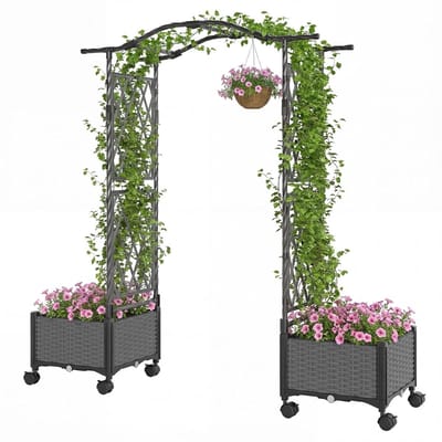 Plantenbak met klimrek - Bloembak - Weerbestendig - Met trellis - Buiten - Hout - Plantenrek - Verkoold - Grijs