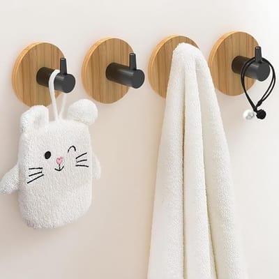 Dailygoods- Wandhaken Zelfklevend - Houten/Bamboe - Zwarte L-haak - Handdoekhouder - Decoratief - Tot 5 kg Draagkracht - Haakjes