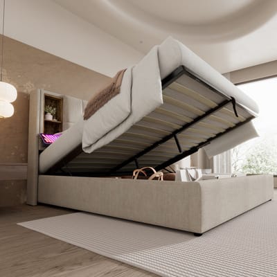 REDOM Opbergbed 140x200 cm – Hydraulisch Bedframe Met Opbergruimte – Draadloos Laden, USB & Type-C – Moderne Slaapkamer – Linnen – Naturel