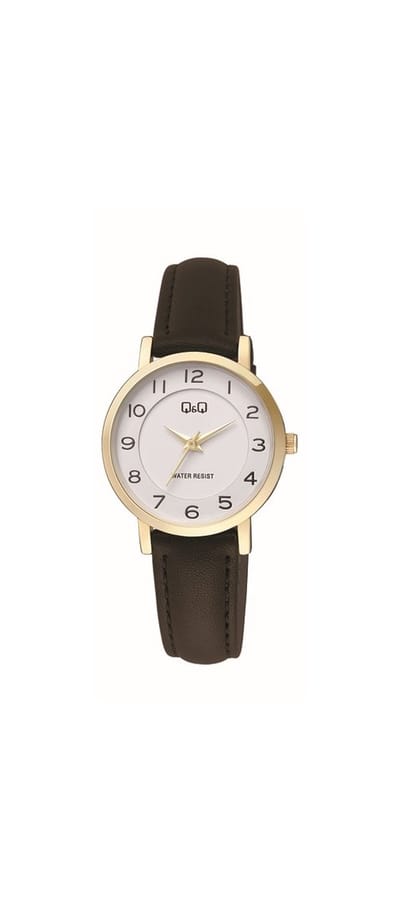 Q&Q C60A-001PY - Horloge - Analoog - Vrouwen - Dames - Leren band - Rond - Metaal - Cijfers - Zwart - Goudkleurig - Wit - 3 ATM