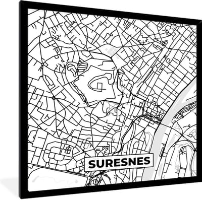 Fotolijst incl. Poster Zwart Wit- Frankrijk – Plattegrond – Stadskaart – Suresnes - Kaart - Zwart wit - 40x40 cm - Posterlijst