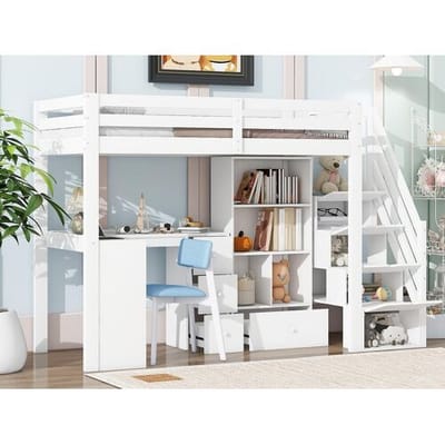 ModernLuxe 90x200 cm houten mezzanine bed - met bureau en meerdere opbergruimtes - Wit