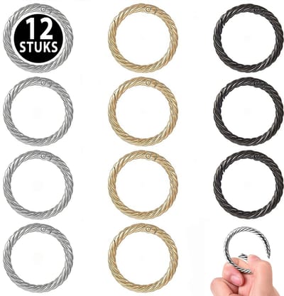 12 Luxe Ronde Karabijnhaak - 40mm Musketonhaak Sleutelhangers voor Volwassenen - Mini DIY Sleutelringen - Klikringen Musketon Haak - Auto Klein Carabiner Sleutel Hanger - Karabijn ringen - Keychain Zelf Maken Karabijnsluiting - Zwart, Zilver, Goud