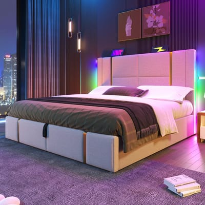 VVBV Gestoffeerd Opbergbed 160x200 cm met Houten Lattenbodem, Lattenbodem - USB-C - Hout/Linnen Beige - Zonder Matras