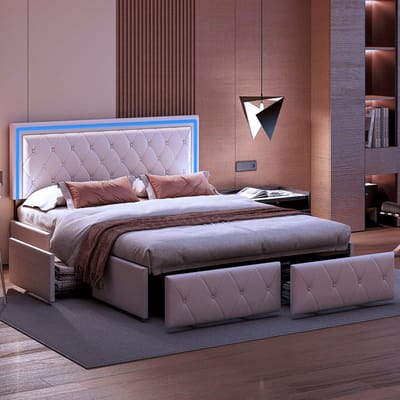 Tweepersoonsbed 160x200cm – PU Leer Beige – Modern Opbergbed met 4 Laden & LED Verlichting in Hoofdbord