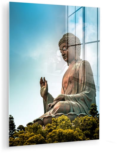 ® Glasschilderij 120x160 cm - Schilderij acrylglas - Wolken boven de Tian Tan Boeddha in Hongkong - Foto op glas - Muurdecoratie woonkamer - Wanddecoratie slaapkamer - Schilderijen