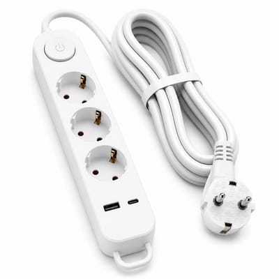 EasyMart Stekkerdoos 3-Voudig met Schakelaar – 3 Stopcontacten + USB-A & USB-C – Verlengsnoer 1,5 Meter – Kinderbeveiliging – 16A 3680W 230V – Contactdoos voor Thuis, Kantoor, Bureau & Keuken
