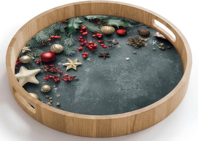 Dienblad rond 40x40 cm - Schootdienblad hout - Kerstomlijsting - Hulst - Kleurrijk - Borrelplank rechthoek - Plateau houten dienbladen