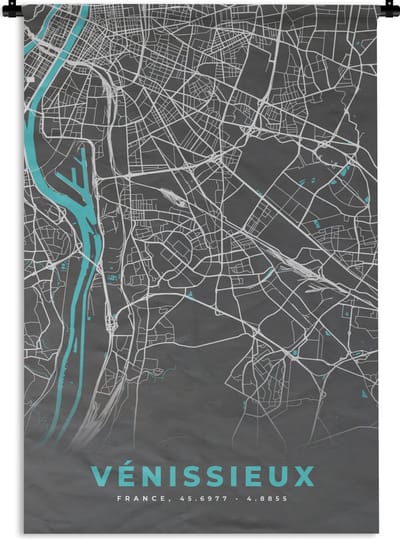 Wandkleed - Wanddoek - Vénissieux - Frankrijk - Kaart - Stadskaart - Plattegrond - 120x180 cm - Wandtapijt