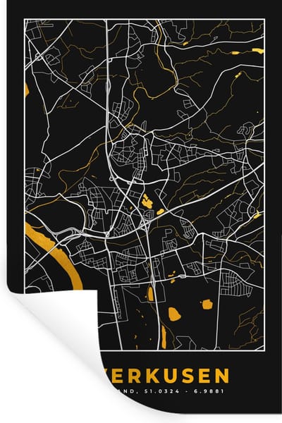 Muurstickers - Sticker Folie - Leverkusen - Goud - Stadskaart - Plattegrond - Duitsland - Kaart - 20x30 cm - Plakfolie - Muurstickers Kinderkamer - Zelfklevend Behang - Zelfklevend behangpapier - Stickerfolie