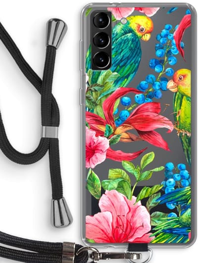 Case Company® - Hoesje met koord geschikt voor Samsung Galaxy S21 Plus hoesje met Koord - Papegaaien - Telefoonhoesje met Zwart Koord - Bescherming aan alle Kanten en Over de Schermrand