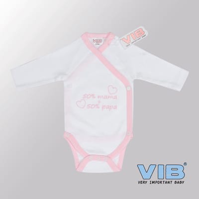 VIB® - Rompertje (overslag) Luxe Katoen - 50% Mama + 50% Papa (Wit-Roze) - Babykleertjes - romper - rompertjes - rompertjes met tekst - baby cadeau - baby aankondiging - overslagromper