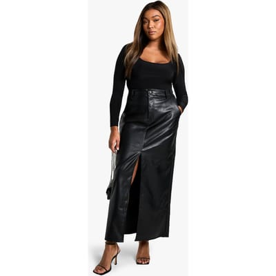 boohoo Dames Plus PU Gespleten Voorkant Maxi Rok | Zwart | Maat: 54