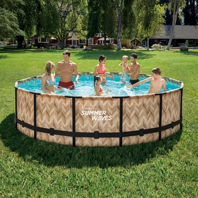 Summer Waves Frame Zwembad Rond - ⌀427 x 107 cm - Zwembaden - Lichtbruin - Inclusief Filterpomp - zwembadpomp - filterpatroon - afdekzeil - grondzeil - ladder - onderhoudsset