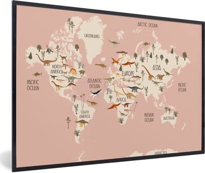 Fotolijst incl. Poster - Wereldkaart - Kinderkamer - Dino's - Meisjes - Kinderen - Roze - 90x60 cm - Posterlijst