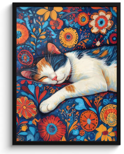 Poster in lijst - Fotolijst 50x70 cm - Posters - Kat - Bloemenpatroon - Blauw - Oranje - Posterlijst zwart - Decoratie - Wanddecoratie woonkamer - Muurdecoratie slaapkamer