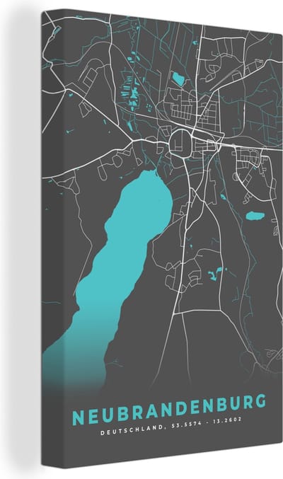 Canvas Schilderij Duitsland – Blauw – Neubrandenburg – Stadskaart – Kaart – Plattegrond - 20x30 cm - Wanddecoratie