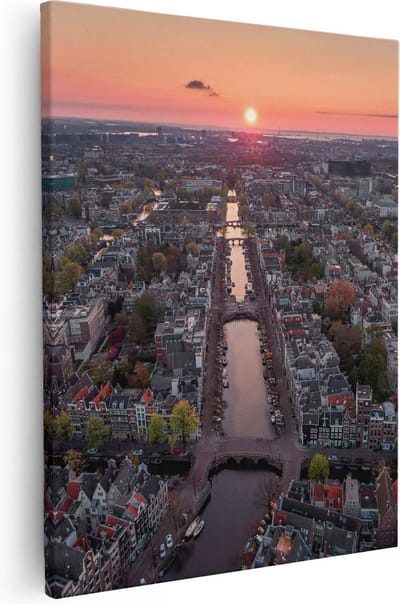 Artaza Canvas Schilderij Zonsondergang - 40x50 cm - Wanddecoratie Amsterdam - Muurdecoratie Skyline - Kamer Accessoires Grachten