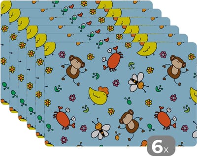 Placemat - Placemats kunststof - Dieren - Bijen - Patronen - 45x30 cm - 6 stuks - Hittebestendig - Anti-Slip - Onderlegger - Afneembaar