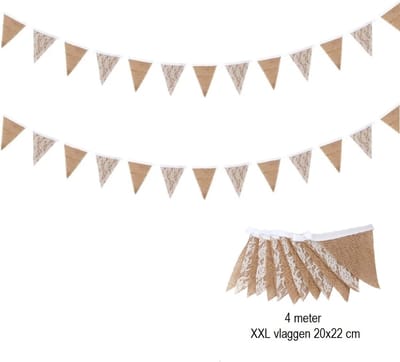 Jute kant vlaggenlijn XL VLAGGEN-Natural , kant Slinger- Set 2x Vlaggen lijn 4 METER -Youhomy feestartikelen Jute kant- Versiering slinger bruiloft Vintage - Huwelijk - Feest - Verjaardag - Jubileum -Wedding decor