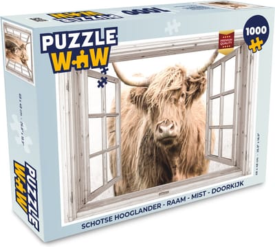 Puzzel Schotse hooglander - Raam - Mist - Doorkijk - Legpuzzel - Puzzel 1000 stukjes volwassenen