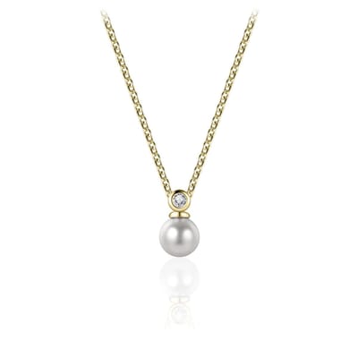 Gisser Jewels - Parel Hanger incl. Ketting met een Zirkonia Steen gezet in een gladomzetting - 10mm x 5mm - Lengte 42+3cm - Geelgoud Verguld Zilver 925