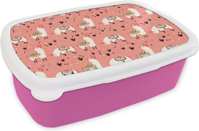 Broodtrommel Roze - Lunchbox - Brooddoos - Lama - Kinderen - Roze - Patroon - 18x12x6 cm - Kinderen - Meisje