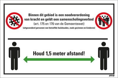 Bord noodverordening en 1,5 meter afstand houden, 230 x 330 mm - kunststof