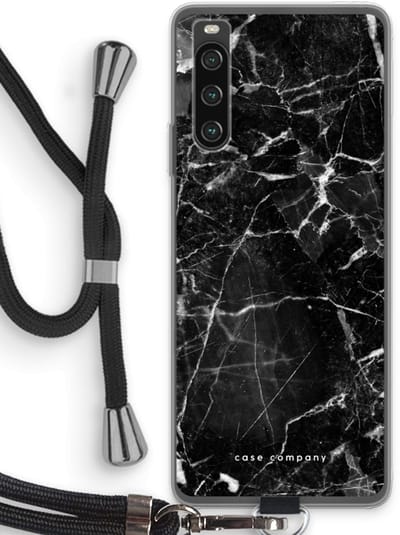 Case Company® - Hoesje met koord geschikt voor Sony Xperia 10 IV hoesje met Koord - Zwart Marmer - Telefoonhoesje met Zwart Koord - Bescherming aan alle Kanten en Over de Schermrand