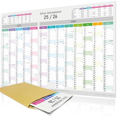 XXL schooljaarkalender 2025/2026, wandkalender, jaarplanner, school, A1, 84 x 59 cm, wandplanner met kalenderweken, feestdagen en vakanties, grote kalender voor school, gevouwen, wandkalender 25/26