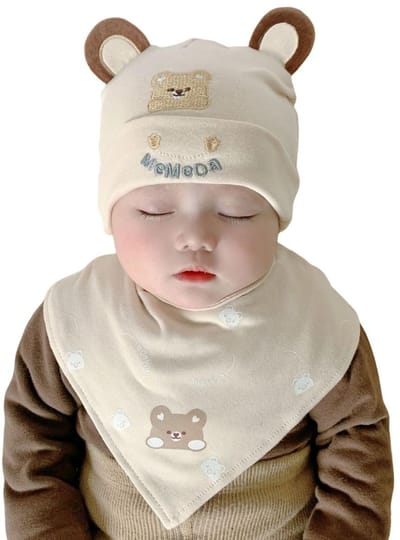 Dailygoods- Babymuts Schattige Berenoren - Slabbetje - Katoenmix - Uniseks - Voor 0-12 Maanden - Zacht en Comfortabel - Babyhoed