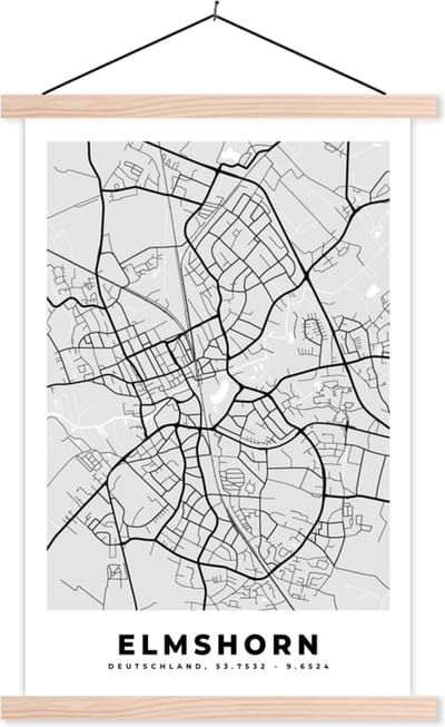 Posterhanger incl. Poster 40x60 cm - Schoolplaat - Duitsland - Stadskaart - Plattegrond - Elmshorn - Kaart - Textielposter - Blanke latten - Stadskaart