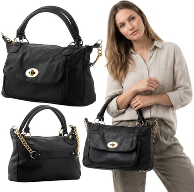 Elegante zwarte damstas met schouderriem en ketting, ruime shopper