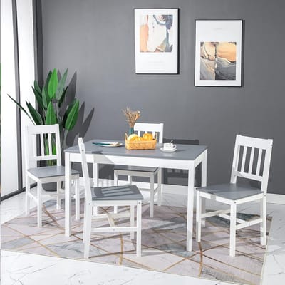 Eetgroep, eettafel met 4 stoelen, 5-delige eettafelset grenenhout voor eetkamer, keuken, woonkamer, grijs, wit